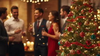 Julgran i förgrunden med anställda som minglar i bakgrunden på företagets julfest.