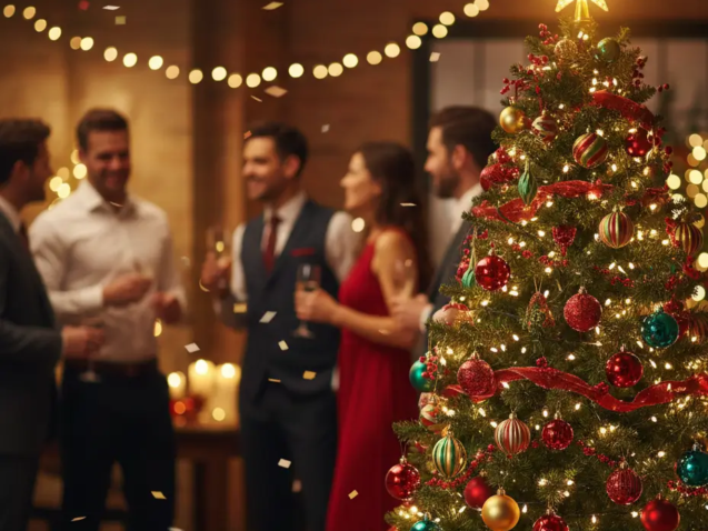 Julgran i förgrunden med anställda som minglar i bakgrunden på företagets julfest.