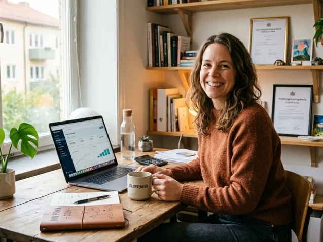 Kvinna på hemkontor som arbetar med sin enskilda firma, sittande vid ett rustikt träbord med dagsljus från fönstret.