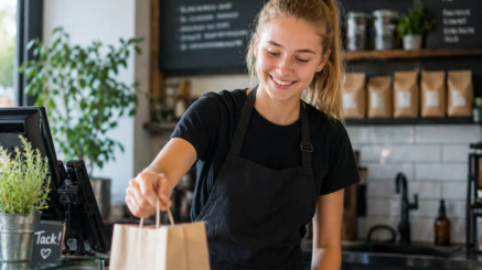 Sommarjobbare som arbetar i café och serverar kund