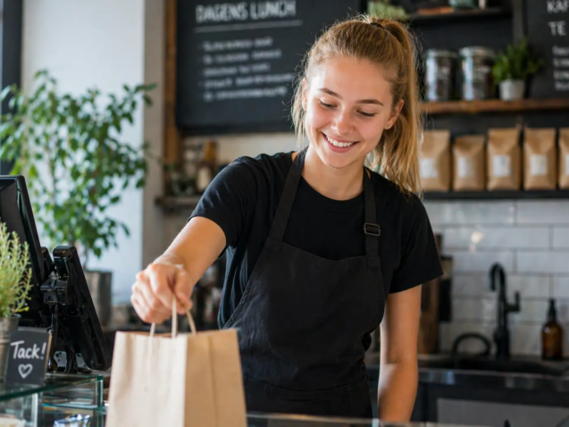 Sommarjobbare som arbetar i café och serverar kund