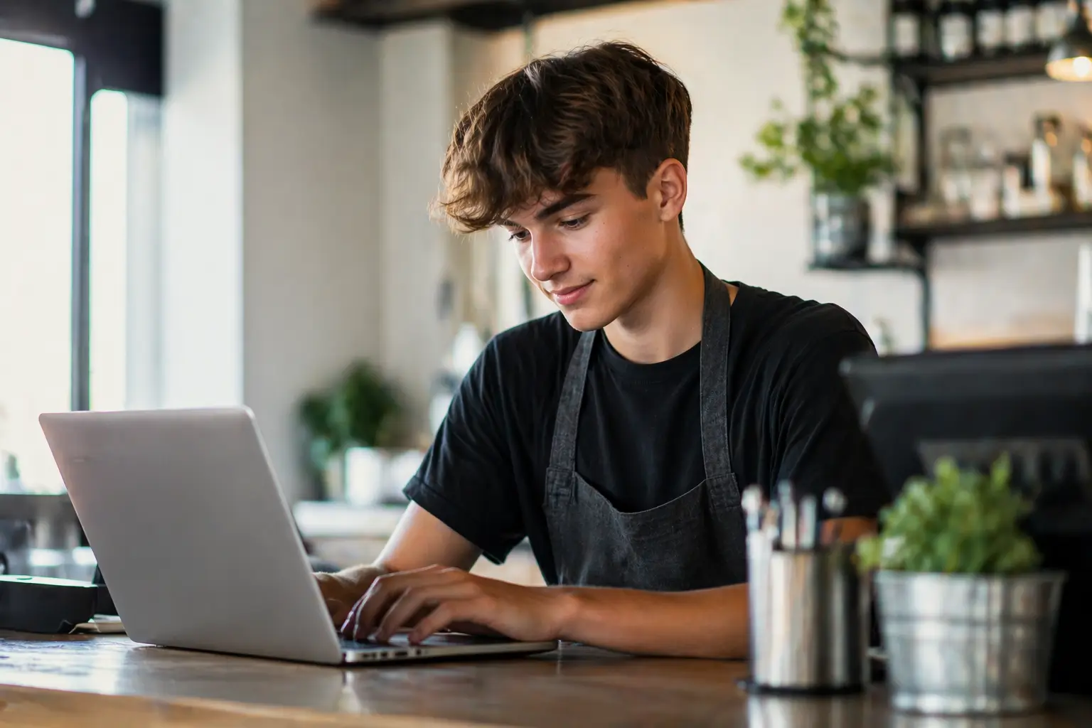 Ung man sommarjobbar vid kafébordet