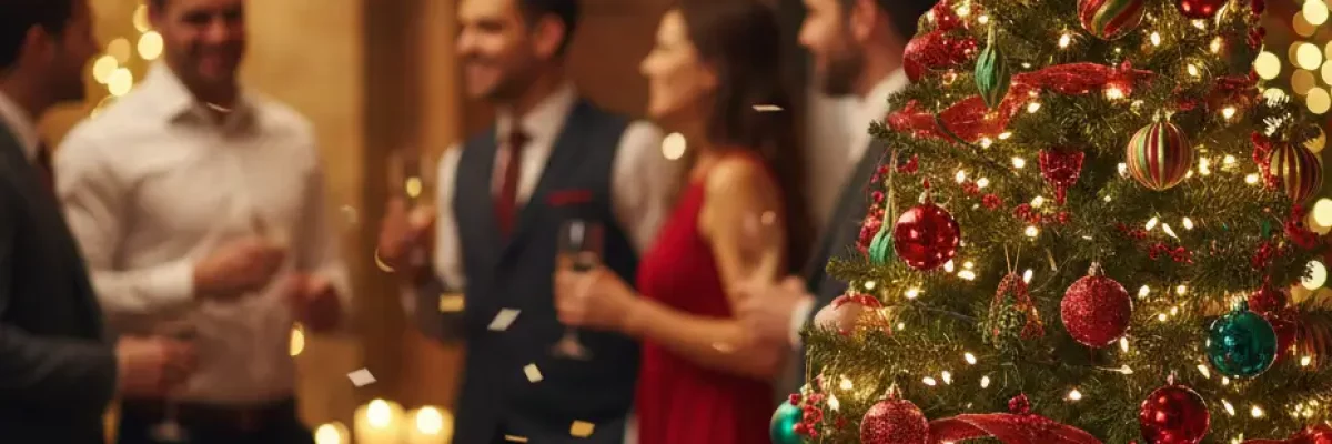 Julgran i förgrunden med anställda som minglar i bakgrunden på företagets julfest.