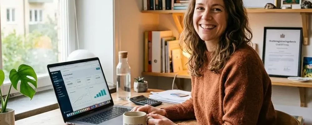 Kvinna på hemkontor som arbetar med sin enskilda firma, sittande vid ett rustikt träbord med dagsljus från fönstret.