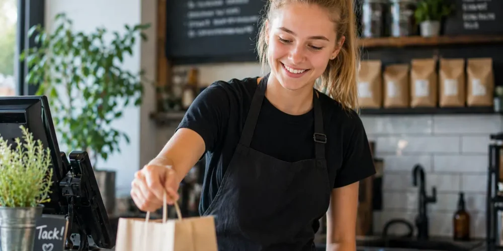 Sommarjobbare som arbetar i café och serverar kund
